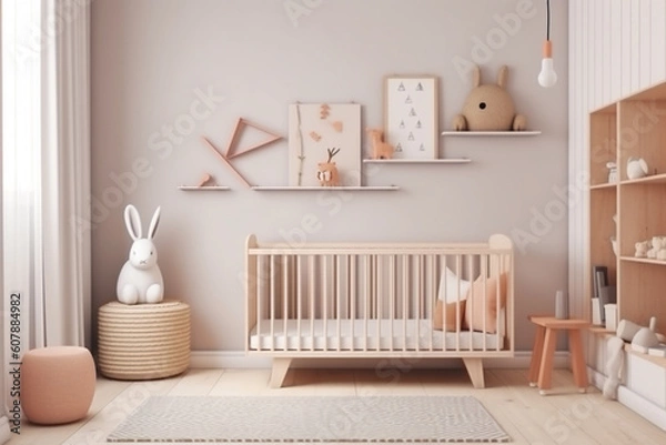 Fototapeta Modern minimalist nursery room, Baby room interior, Light colours, Scandinavian style