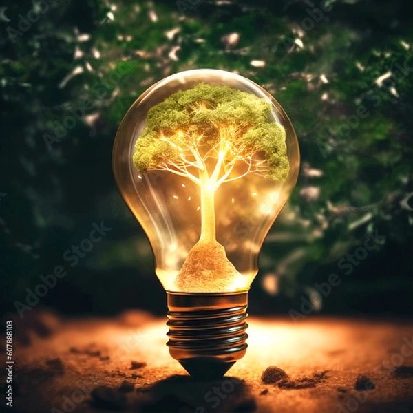 Obraz Green Energy - An electric light bulb containing a green tree, content created using generative artificial intelligence tools.
