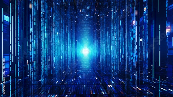 Fototapeta Blue Binary Code Streaming through Virtual Space