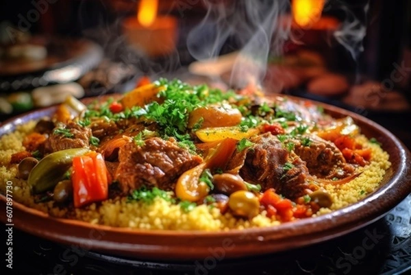 Fototapeta traditional Moroccan couscous dish with slow-cooked vegetables, lamb, and a flavorful sauce