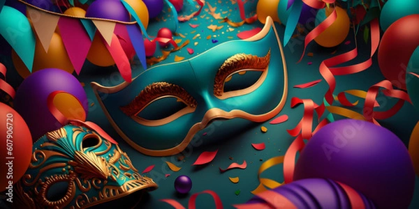 Fototapeta Classy color carnival party banner, elegant mask with decorations background. Generation AI