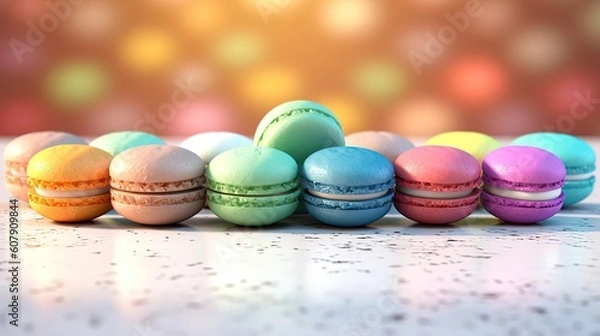 Fototapeta abstract background top view of colorful macaron on wooden table, bakery dessert, Generative Ai