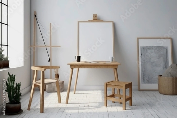 Fototapeta Generative AI illustration of Frame white mockup propped up on a table in an art studio with natural light