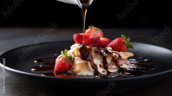 Fototapeta balsamic vinegar glaze being poured onto a dish of sliced strawberries and vanilla ice cream
