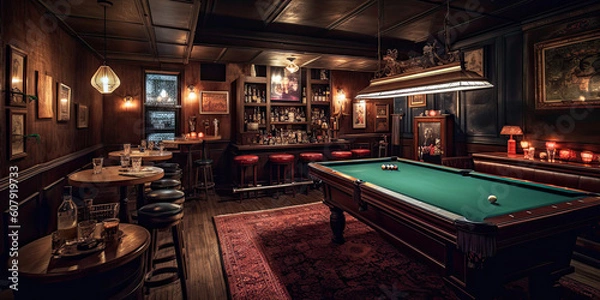 Fototapeta Indoor Bar with a pool table, Generative AI