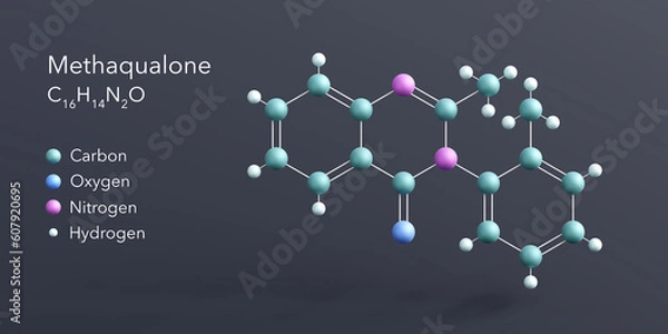 Fototapeta methaqualone molecule 3d rendering, flat molecular structure with chemical formula and atoms color coding