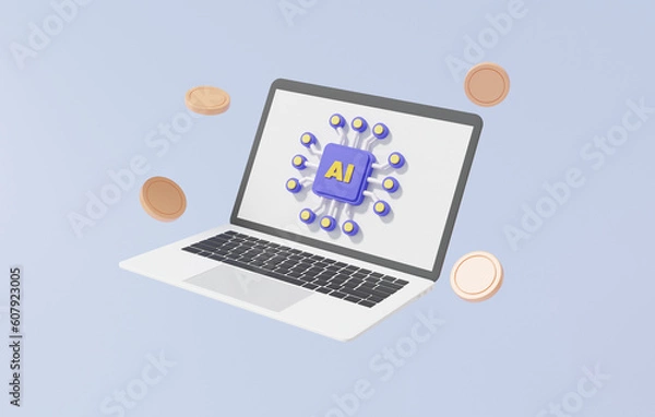 Fototapeta Processor CPU AI chip hardware engineering concept. futuristic microchip on computer, innovation microcircuit, database process cyber digital internet system future technology. 3d render illustration