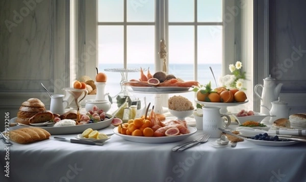 Fototapeta  a table topped with plates of food and a bowl of fruit next to a window with a view of the ocean in the distance,.  generative ai