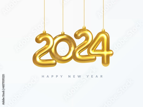 Fototapeta 2024 New Year card. Design of Christmas decorations hanging on a gold chain gold number 2024. Happy new year. Realistic 3d. Vector