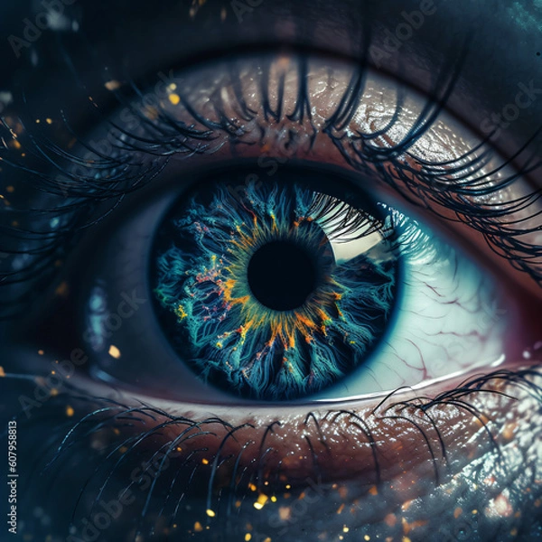 Fototapeta A close up of a person's blue eye surrounded by glitter makeup Generative Ai