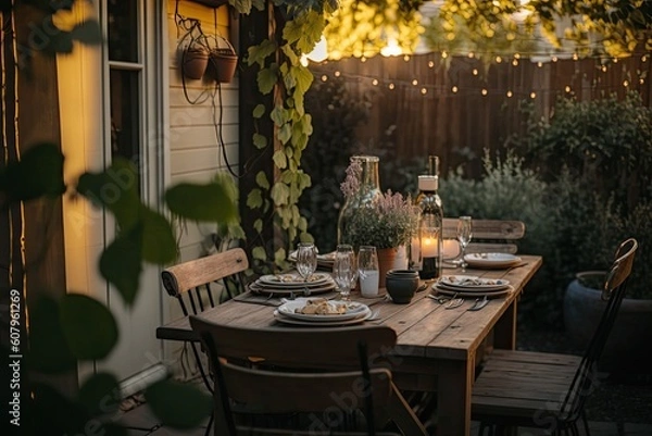 Fototapeta On a beautiful summer evening, a staycation might be enjoyed in a backyard patio with a garden and hidden seating area for informal dining. Generative AI