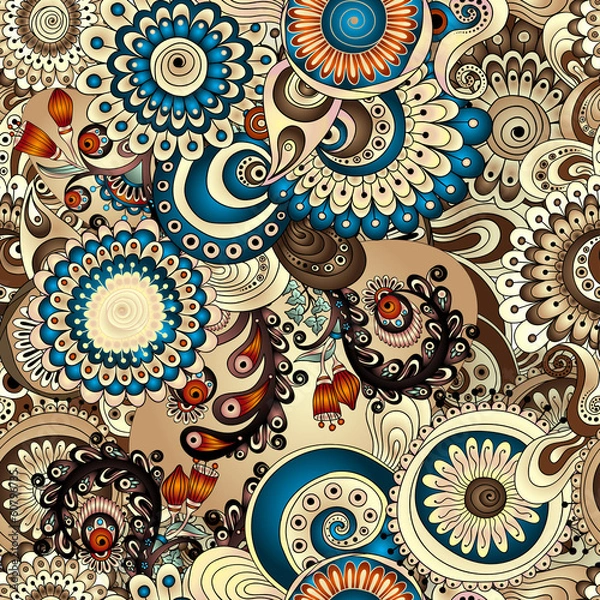 Fototapeta Seamless floral pattern with doodles and cucumbers