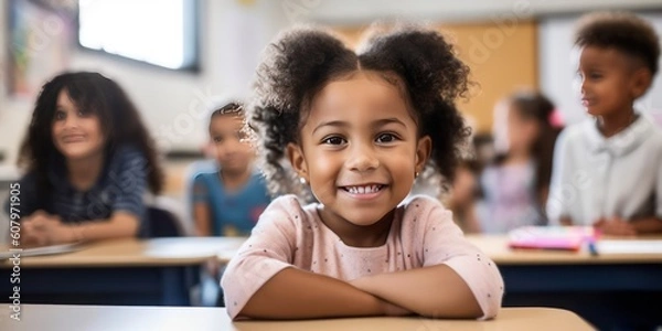 Fototapeta A child experiencing the first day of school in kindergarten or preschool. Showing the emotion of the day - Generative AI 