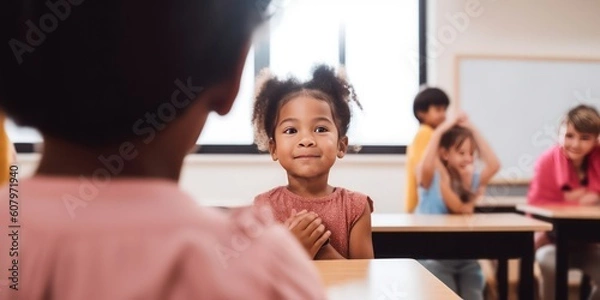 Fototapeta A child experiencing the first day of school in kindergarten or preschool. Showing the emotion of the day - Generative AI 