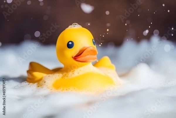 Fototapeta Yellow duck toy in soap foam water. Generative AI.