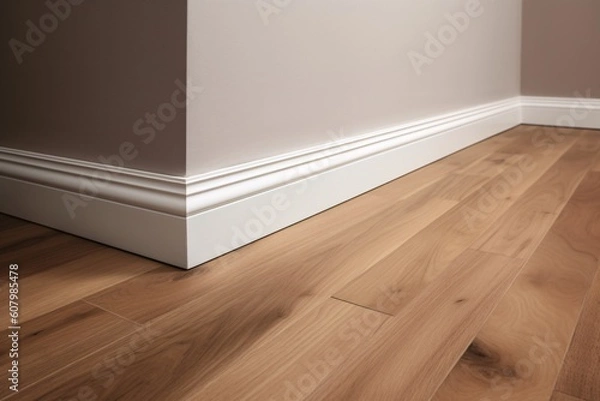 Obraz Wooden laminate flooring in a new house with white wall. Baseboard. Created with generative AI