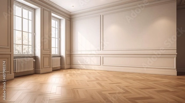 Obraz Empty room with white wall and wooden floor. Baseboard and molding on walls. Created with generative AI