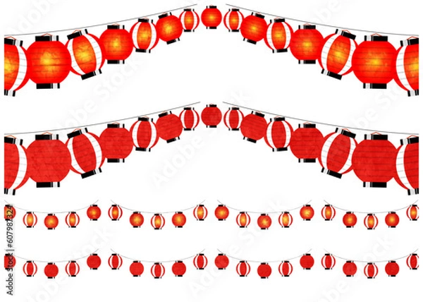 Obraz 和紙、水彩、和風、赤、提灯、フレーム、ライン、セット、お祭り
