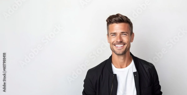 Obraz Medium shot portrait photography of a satisfied man in his 30s that is wearing a chic cardigan against a white background . Generative AI