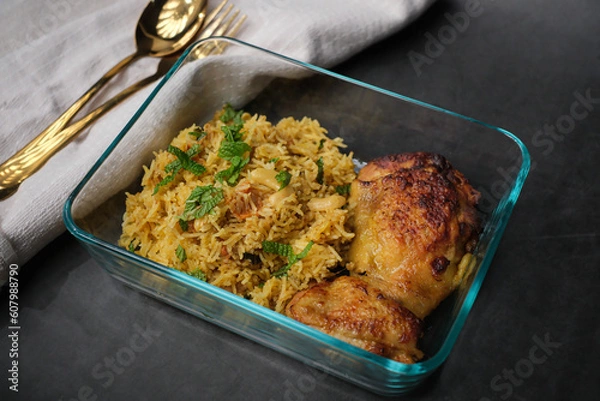 Fototapeta Meal prep in glass container for lunch box concept. Food and cooking concept.