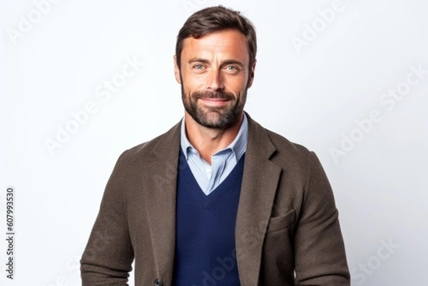 Fototapeta Handsome man in jacket on white background. Looking at camera.