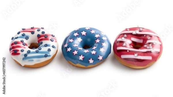 Fototapeta assortment of donuts with icing with american flag pattern on icing on white background. donut day in USA. Generative AI