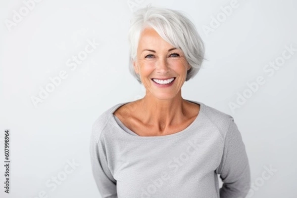Obraz Lifestyle portrait photography of a grinning woman in her 60s on a white background