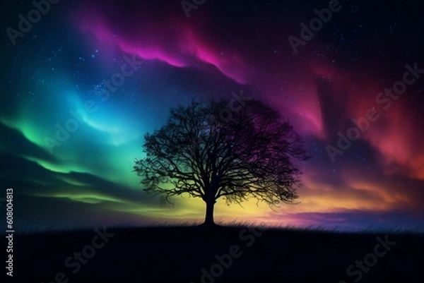 Fototapeta the sky above a tree shines in rainbow colors created with Generative AI technology