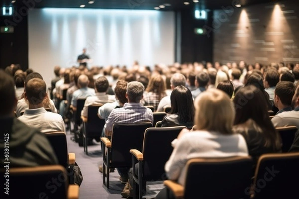 Fototapeta Business and entrepreneurship symposium. Speaker giving a talk at business meeting. Audience in conference hall. Rear view of unrecognized participant in audience, Generative AI
