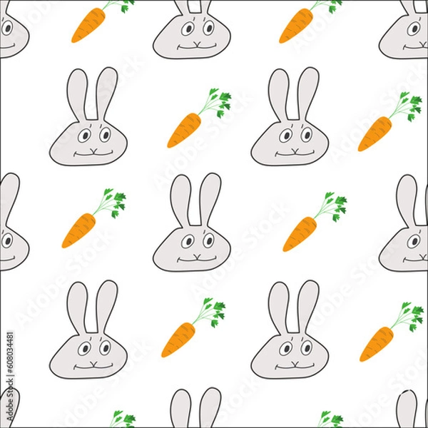 Fototapeta Cartoon funny hare. sample- muzzle of a hare and a carrot on a white background. Seamless pattern for fabric, wrapping paper.

