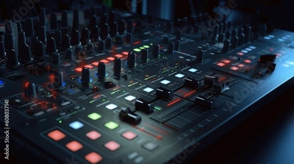 Fototapeta Sound panel for working in the studio and on TV projects. Close-up of the Mixing console. mixing knobs. mix musical tracks on techno party in night club. blurred concept, Generative AI illustration