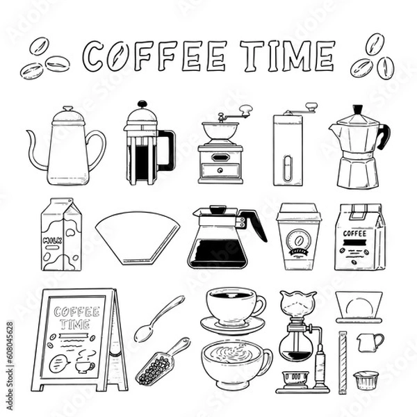 Obraz モノクロ　手描きのコーヒー器具のイラストセット