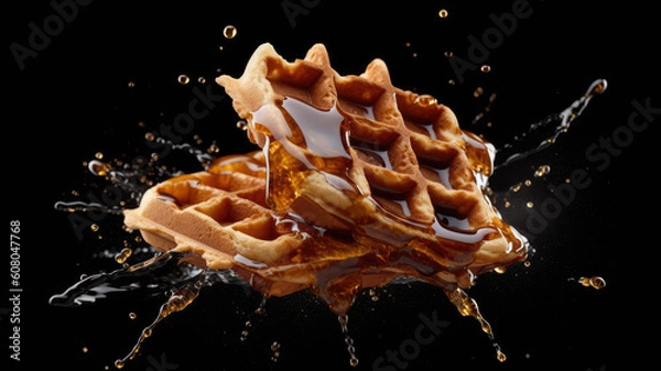 Obraz waffle flying crush on a black background. Generative AI