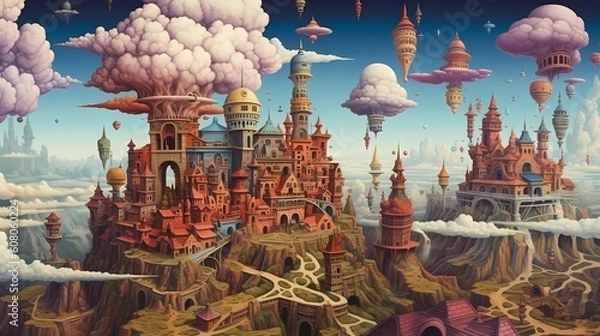 Fototapeta Majestic Landscape Artwork of the Fourth Dimension with Surreal, Colorful and Dynamic Composition in a Fantasy Landscape View. Whimsical Artwork. Abstract Drawing Painting Illustration. Generative AI.