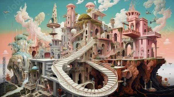 Fototapeta Majestic Landscape Artwork of the Fourth Dimension with Surreal, Colorful and Dynamic Composition in a Fantasy Landscape View. Whimsical Artwork. Abstract Drawing Painting Illustration. Generative AI.