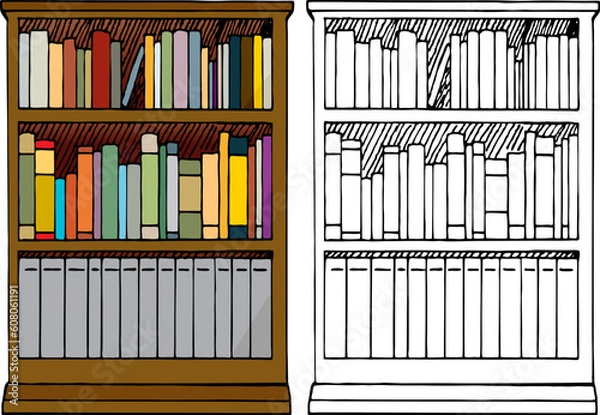 Fototapeta Various kinds of blank books placed in a 3-tier wooden bookshelf with color and black-only versions.