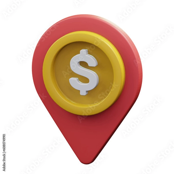 Fototapeta gold coin on pin map location for business opportunity revenue point financial startegy 3d render icon illustration design