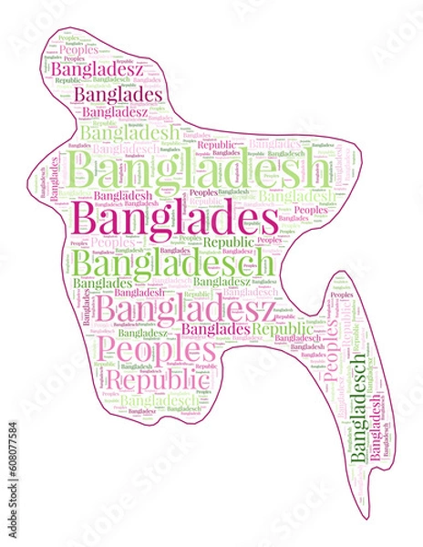 Fototapeta Bangladesh shape filled with country name in many languages. Bangladesh map in word cloud style. Beautiful vector illustration.