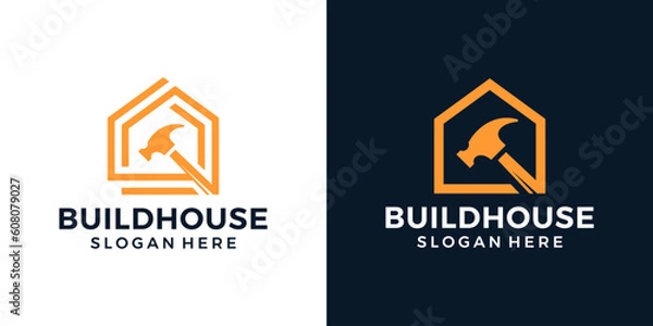 Fototapeta House Repairs logo design template. Hammer logo with home building graphic design vector illustration. House renovation symbol, icon, creative.