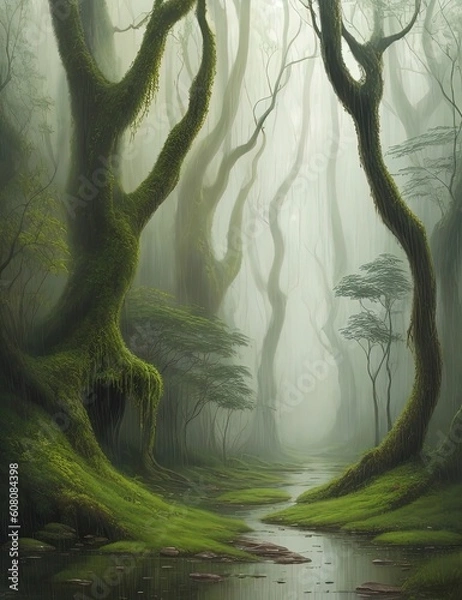 Obraz Trees in the mist forest Generated AI Image