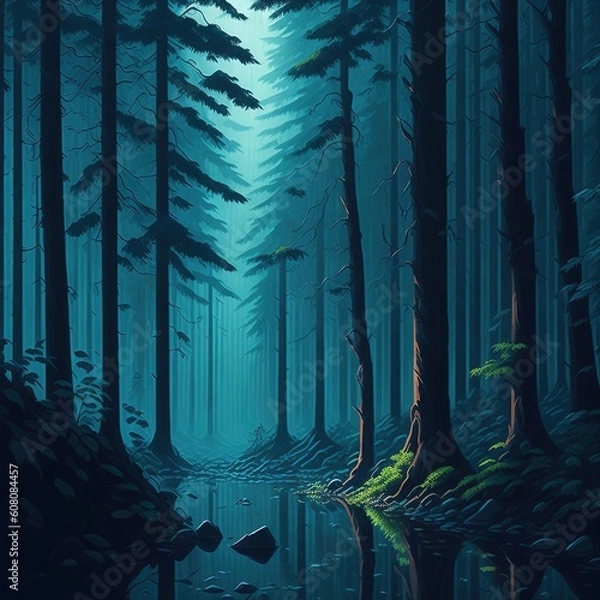 Obraz Night in mystical forest Generated AI image  