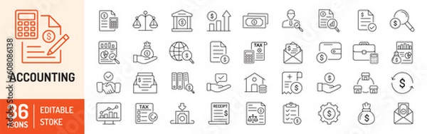 Fototapeta Accounting editable stroke outline icons set. Accountant, financial, business firm tax, statement, calculator, and balance sheet icons. Vector illustration