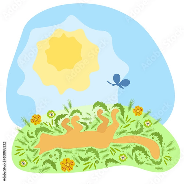 Obraz Funny red cat lying in the grass under the summer sun