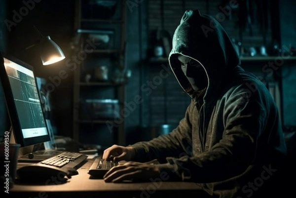 Obraz Hacker male man in mask and hood, sitting in apartment typing on laptop, hacking computer system. Internet, user privacy cybersecurity, blockchain, cybernetics, data protection concept. Generative AI