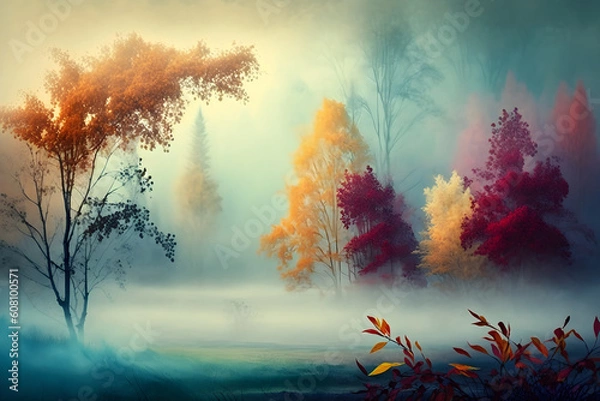 Fototapeta misty morning fog and silhouettes of bright colorful autumn trees in the background, Generative AI