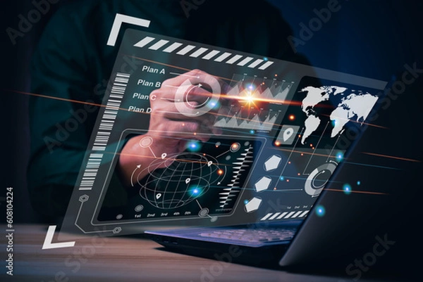 Fototapeta Businessman touching hologram Ai Chat system virtual icon  intelligence Ai, Chat with AI Artificial Intelligence, Futuristic technology, robot in online system.