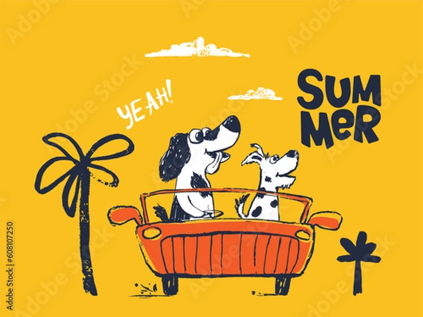 Fototapeta Dogs on car funny cool summer t-shirt print design. Road trip on cabriolet automobile