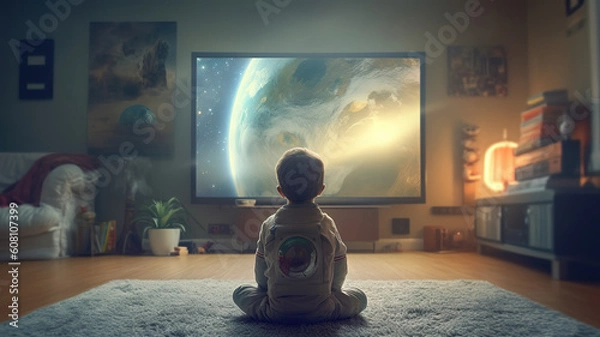 Fototapeta Little boy wearing space suit sits in front of tv. Generative art