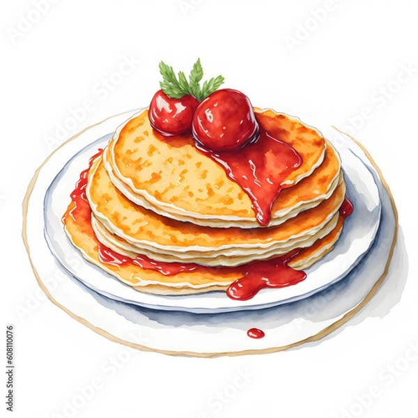 Fototapeta Tasty and fluffy pancake stack with syrup and strawberry