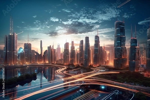 Fototapeta Smart City: A Technological Skyline Prepared for the Future, Generative AI.